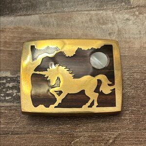Brass unicorn belt buckle Wood Inlay and Mother-of-Pearl Detail -